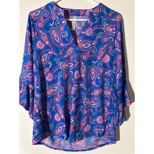 Dear Scarlett Womens Paisley V-Neck Blouse Blue Pink Small